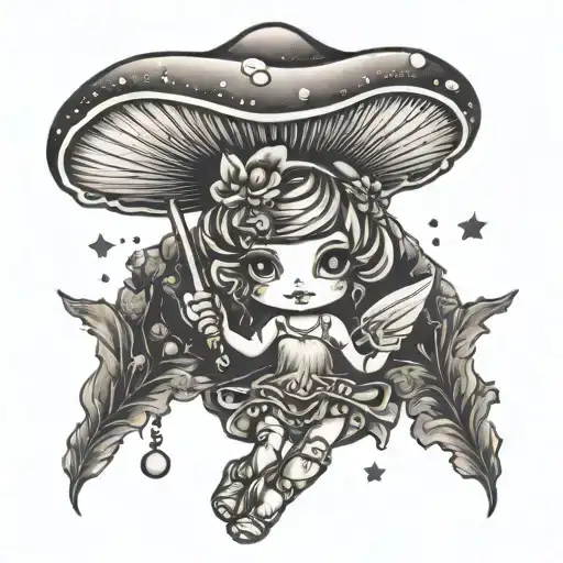 A Traditional Style Tattoo Of A Cute Mushroom Fairy Holding A Magic Wand