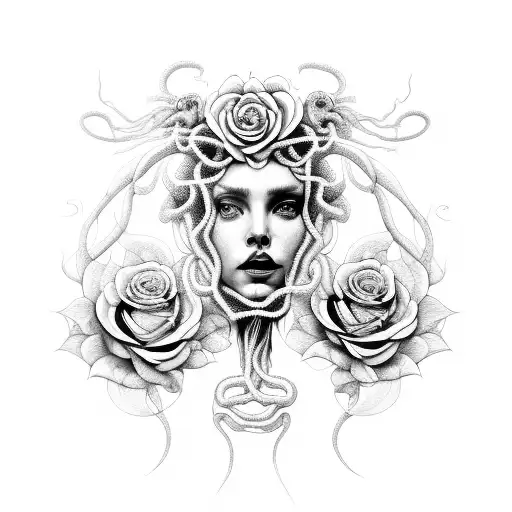 Medusa Half Gorgan Face Half Woman Face Surrounded By Black Roses And White Roses And Snake Hair