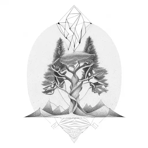 Geometric Style Tattoo Of A Pine Tree With Roots