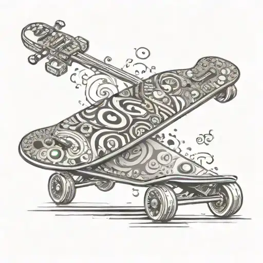 A Longboard Covered In Graffiti Art Featuring Music And Comedy Elements