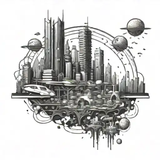 A Dotwork Tattoo Of A Futuristic Anime Cityscape With Virtual Assistants Working In The Background