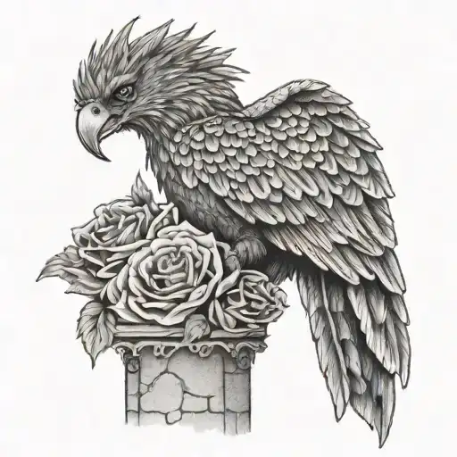 A Dotwork Tattoo Of A Fenix Perched On A Barcelona Rooftop With Roses In The Background