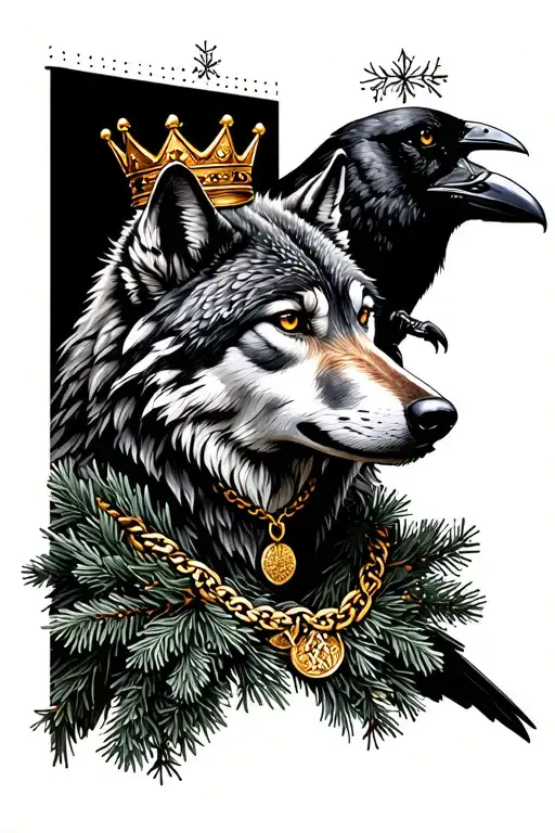 Wolf With A Pine Wreath And Raven Perched With A Gold Necklace And A Crown Lopsided On Its Head