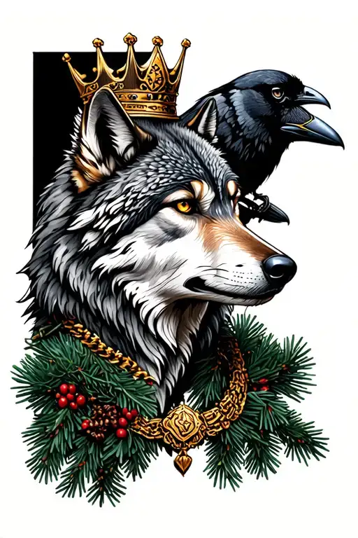 Wolf With A Pine Wreath And Raven Perched With A Gold Necklace And A Crown Lopsided On Its Head