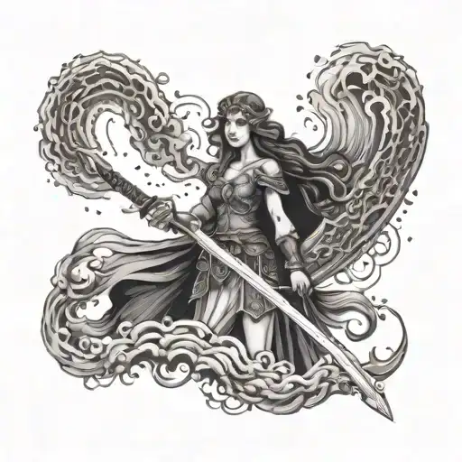 A Dotwork Design Of Freya Wielding Her Sword With A Storm Brewing In The Background