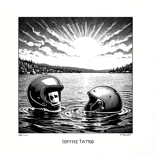 A Bay Scene With A Coffee Mug And Motorcycle Helmet Floating In The Water