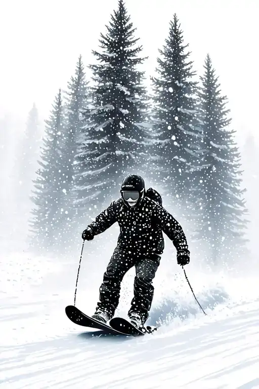 A Snowboarder Carving Through A Forest Of Pine Trees With Snow Falling Around Them