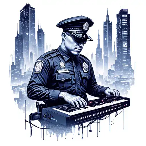 A Futuristic Design Of A Police Officer Playing A Synthesizer In A Cyberpunk Cityscape
