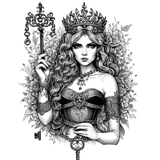 A Femdom Queen Holding A Key To A Chastity Belt With Intricate Floral Details