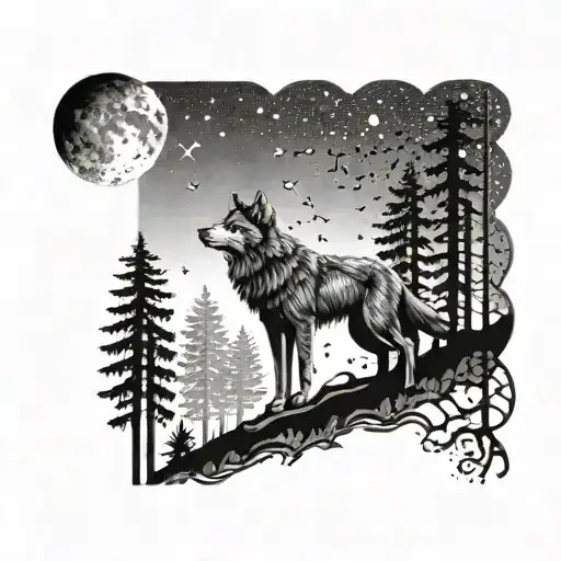 A Mystical Forest Scene With A Wolf Howling At The Moon