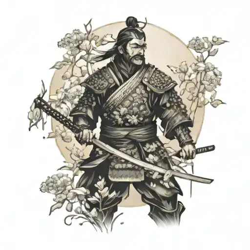 A Harmonious Composition Of A Samurai Warrior Standing Amidst A Field Of Wildflowers