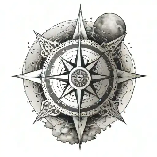 A Minimalist Design Of A Compass Rose With The Moon And Sun Intertwined In The Center