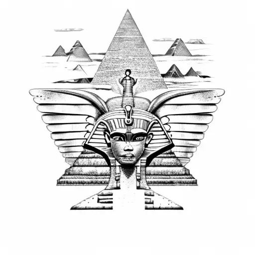 Half Egyptian Winged Sphinx And Half Aztec Winged Sphinx In Front Of Aztec And Egyptian Pyramids