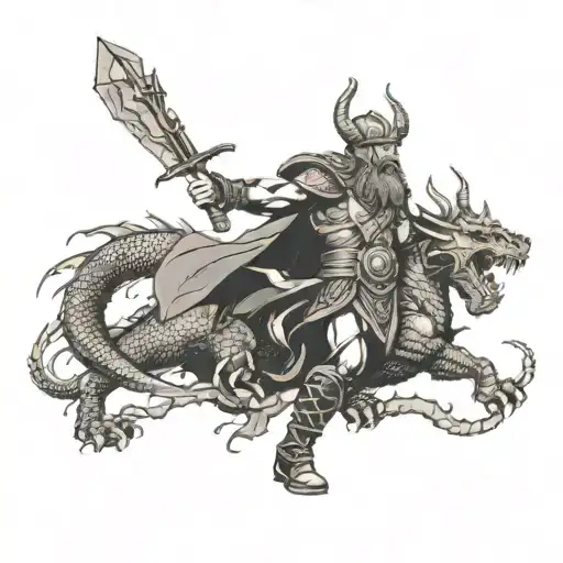 A Dramatic Scene Of A Viking Warrior Fighting A Dragon In An Epic Battle