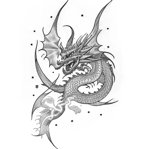 Tattoo Sleeve With A Dragon With Crows Moon And Lightning