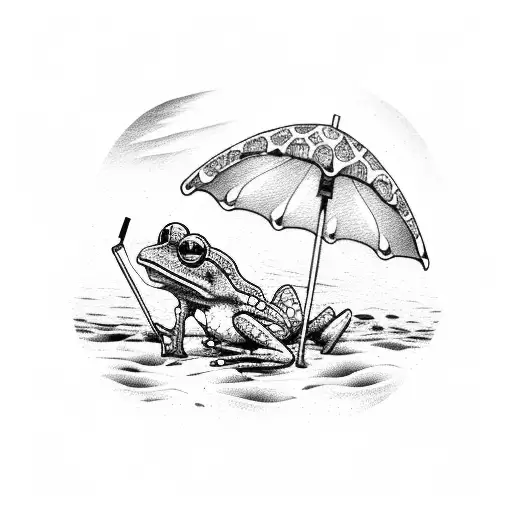 Small Frog Drinking A Diet Coke On A Beach Chair Under A Beach Umbrella On A Beach