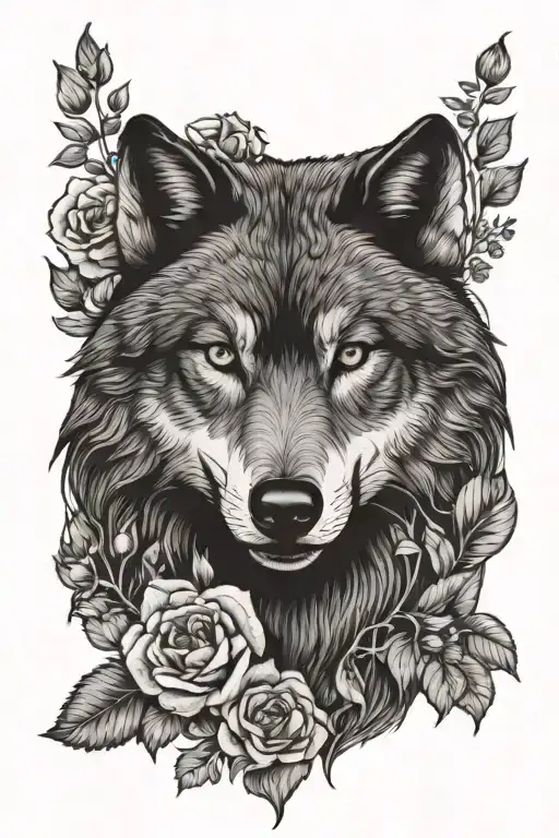 Wolf Blended By Roses And Mayflowers