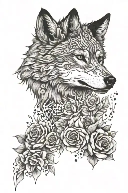 Wolf Blended By Roses And Mayflowers