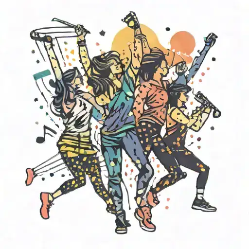 A Music Festival Crowd Dancing Under Colorful Lights And Music Notes