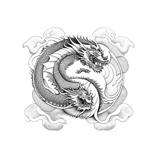 Dragon Dancing With Wolf In Ying Yang Circle