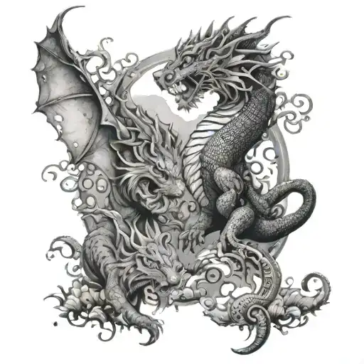 A Fierce Dragon And Tiger Facing Off In A Mythical Landscape