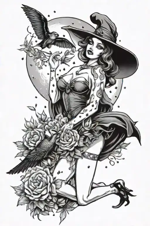 Witchy Pin Up Girl Holding A Duck Moon Behind Wild Flowers Crystals And A Bat