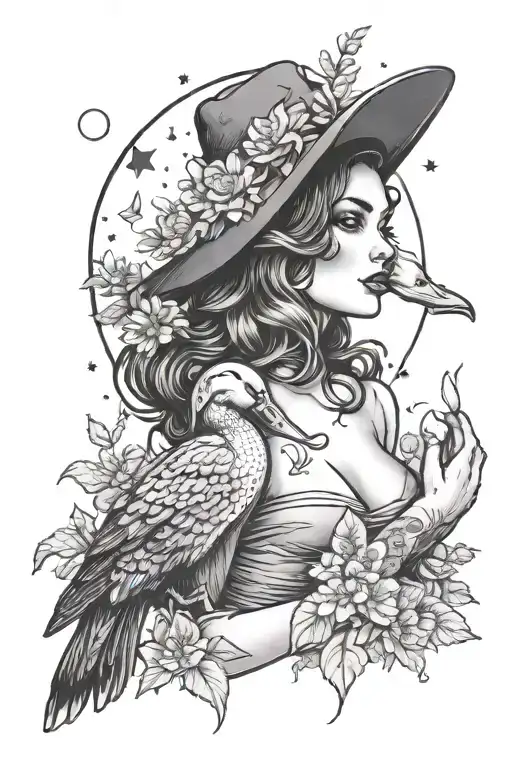 Witchy Pin Up Girl Holding A Duck Moon Behind Wild Flowers