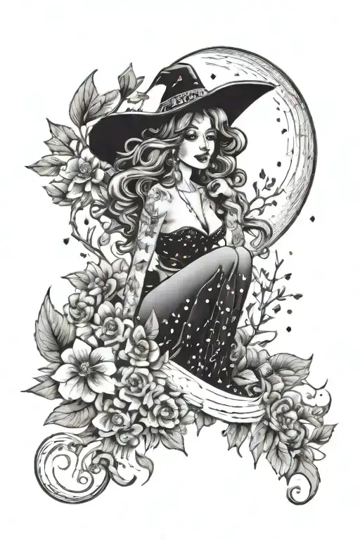 Witchy Pin Up Wild Fowers Crystals Moon Trees