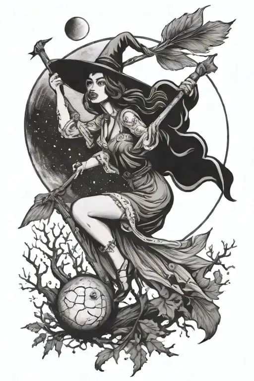 Witchy Pin Up On Broom Moon Trees