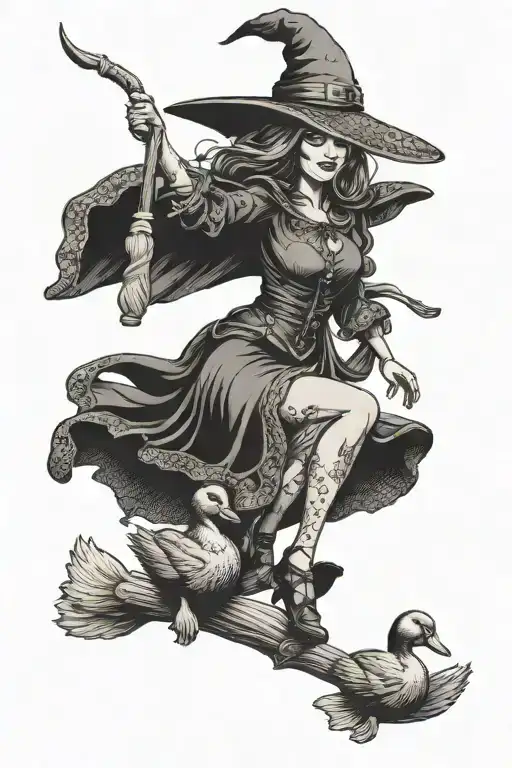 Witchy Pin Up Riding A Broom Holding A Duck