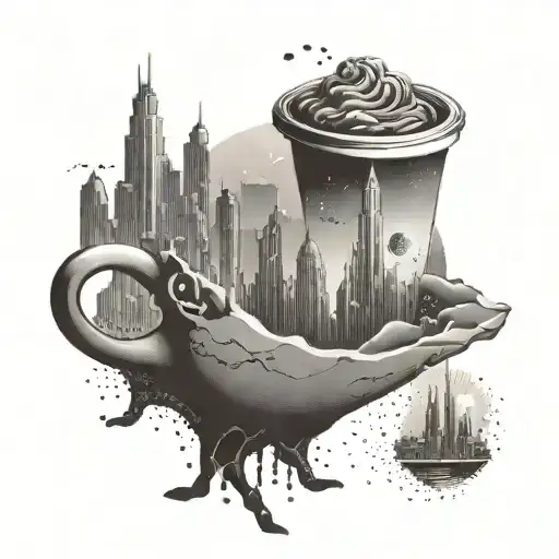 A Mystical Desert Scene With A Coffee Cup Floating In The Sky Above Dubai's Skyline