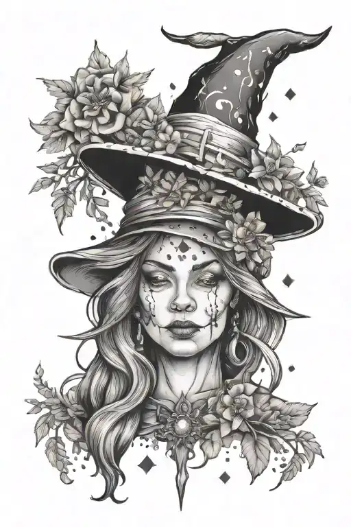 Witch With Burning Sage Bundle And Crystals And Wild Flowers