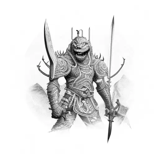 Men Fighting A Monster Bigger Than Him With A Sword