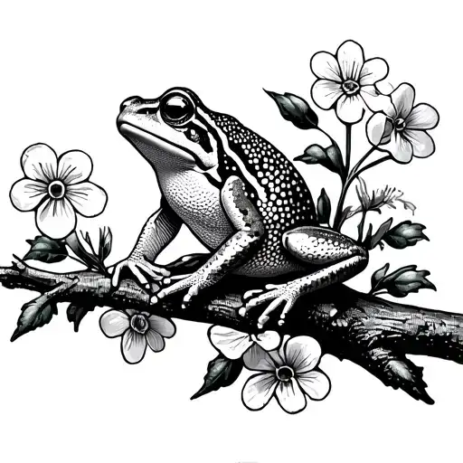 Frog On Branch Surrounded By Violets And Primroses