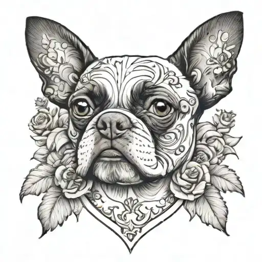 Design A Tattoo Of A Boston Terrier Surrounded By Delicate Line Drawings Of Flowers And Vines