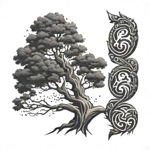 A Dotwork Tattoo Of A Majestic Tree With Viking Symbols Carved Into Its Trunk