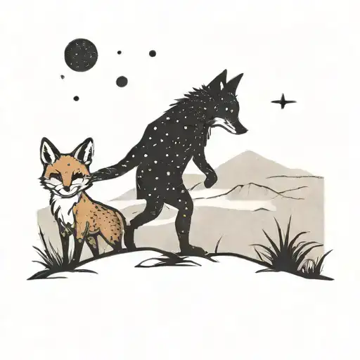 A Minimalist Tattoo Of The Little Prince And The Fox Walking Hand In Hand Through The Desert