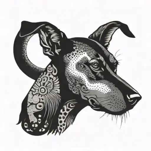 Dobermann With A Skull On His Mouth And A Moon On The Background