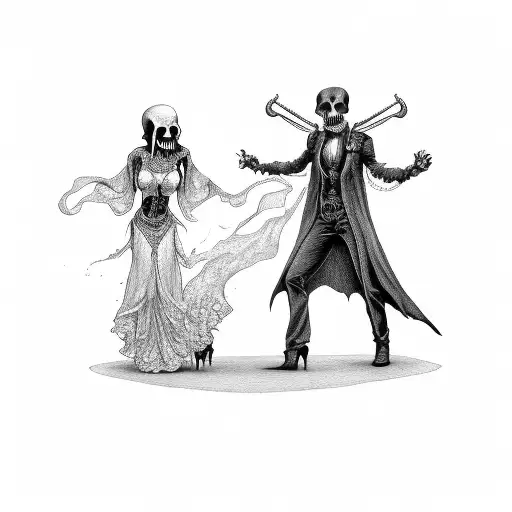 The Grim Reaper Dancing With A Woman In Front Of A Coffin