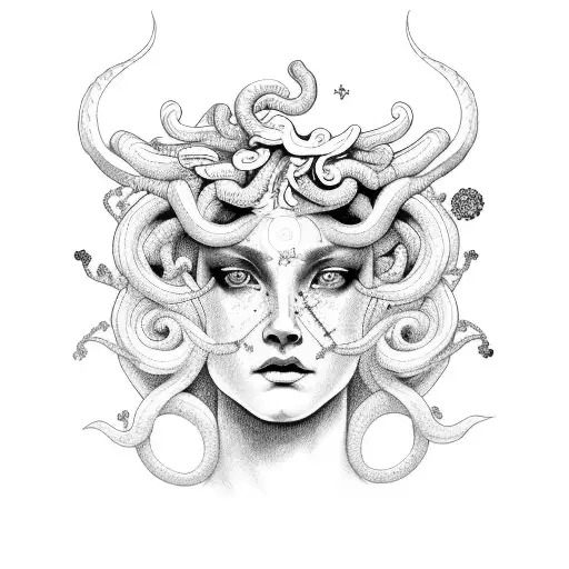 Medusa With Taurus Constellation And Day Lilies