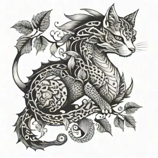 Cat Dragon With Leafs And Birds