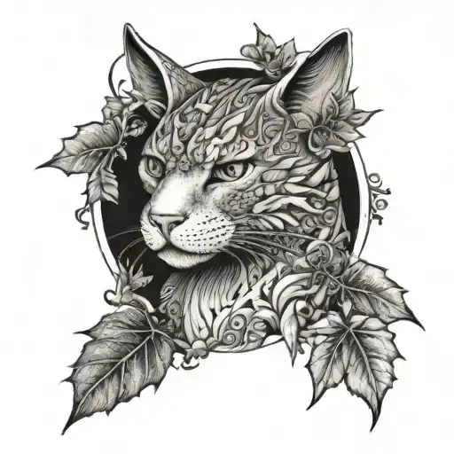 Cat And Dragon With Leafs And Birds