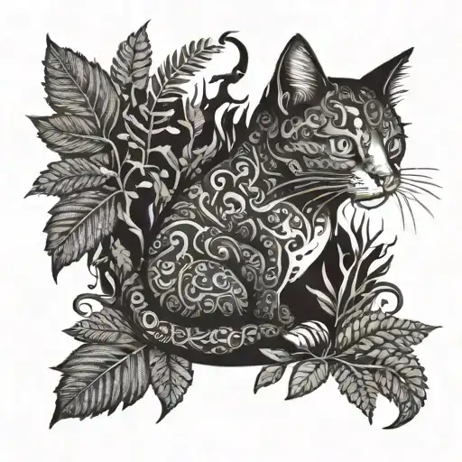 Gothic Cat And Dragon With Leafs And Ferns