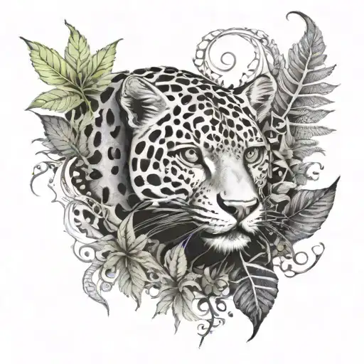 Gothic Jaguar And Dragon With Leafs And Ferns