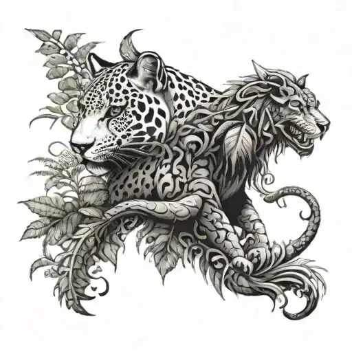 Gothic Jaguar And Dragon With Leafs And Ferns
