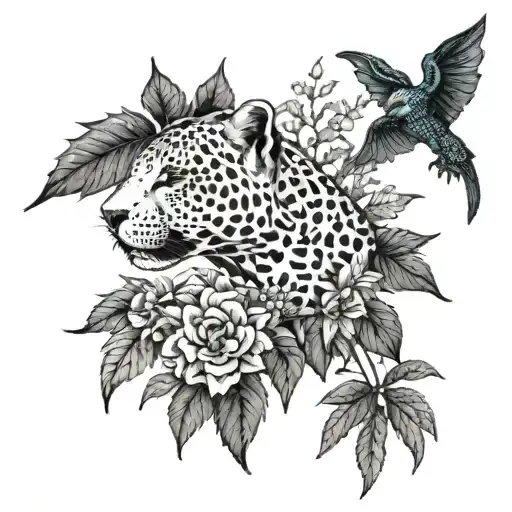 Gothic Jaguar And Dragon With Leafs And Ferns And Birds