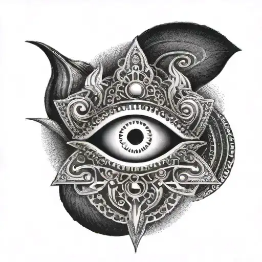 A Dotwork Tattoo Of A Stylized Third Eye Symbol Representing Lord Shiva's Wisdom And Insight