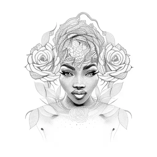 African Woman Surrounded By Roses