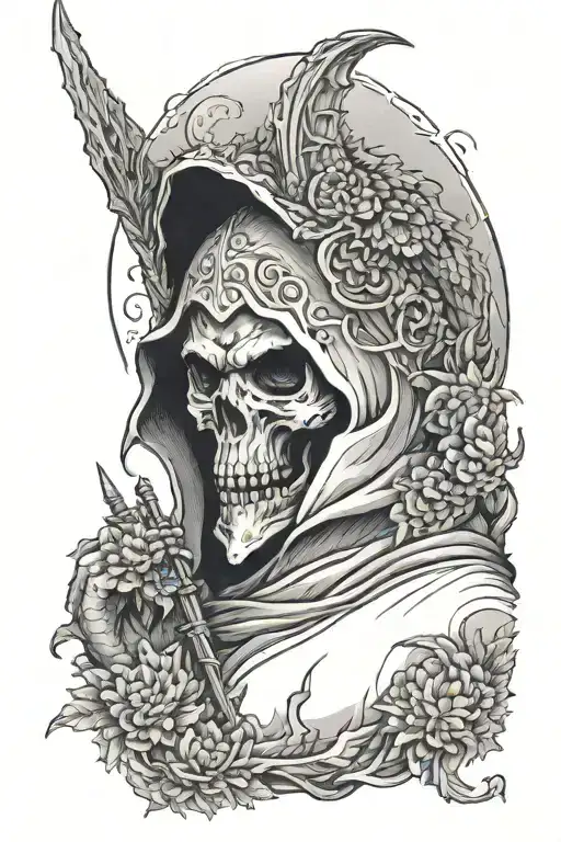 Grim Reaper With Knife Through Head Surrounded In Fog With A Dragon And A Chrysanthemum