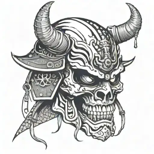 Half Broken Oni Mask With Samurai Helmet Skull Wearing